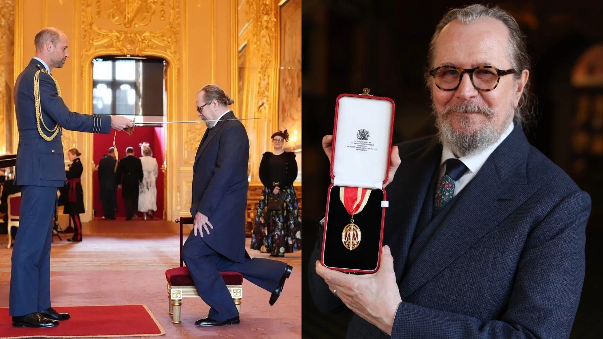 Prince William knights Gary Oldman, collage of two photos