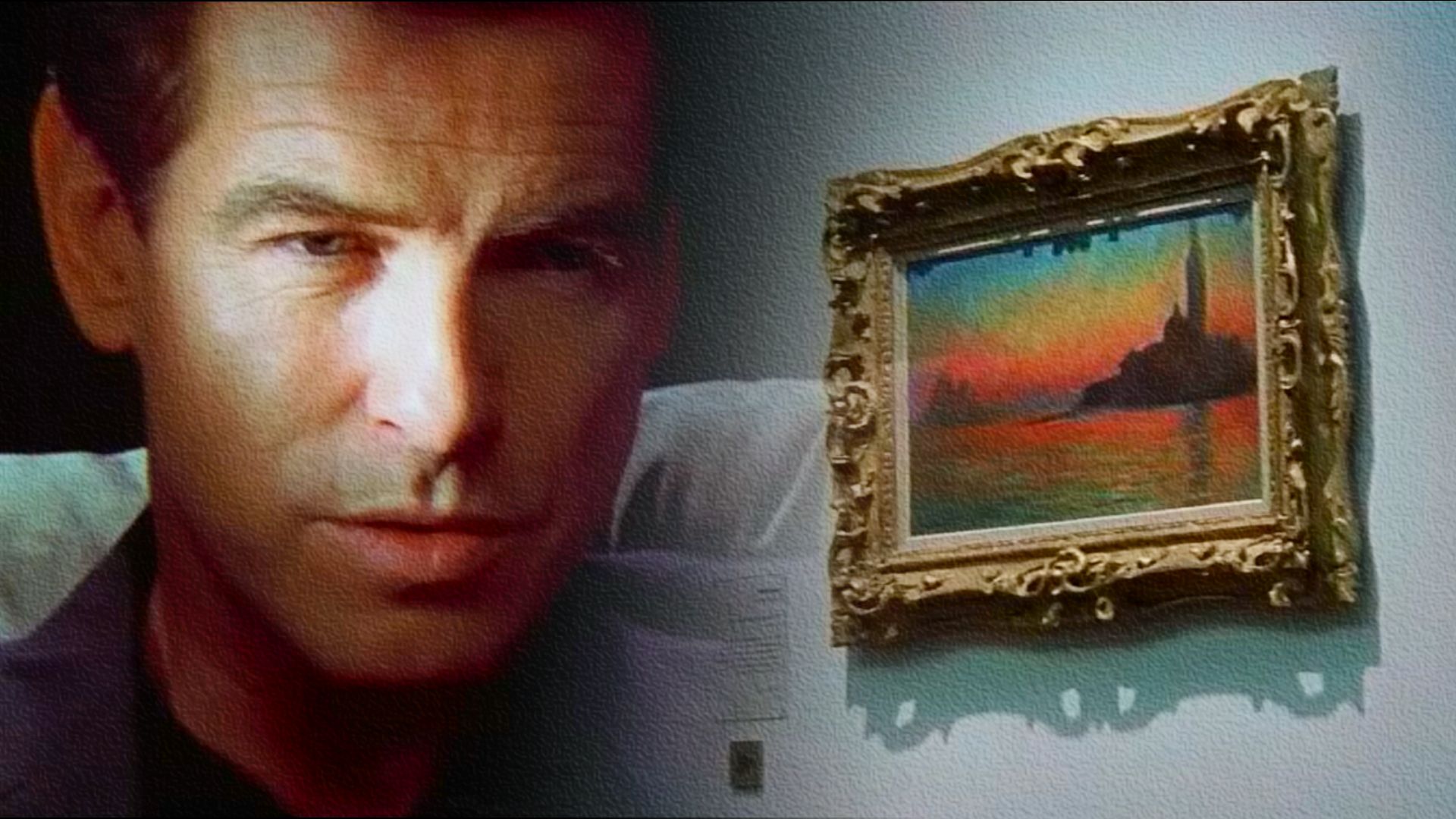 Close-up of actor Pierce Brosnan's face, with a painting in an ornate frame on the right