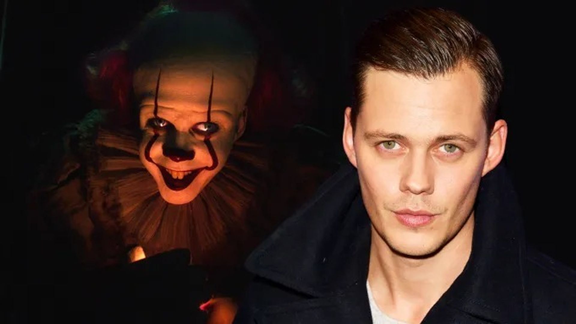 Portrait of Bill Skarsgård and him in Pennywise makeup from "It"