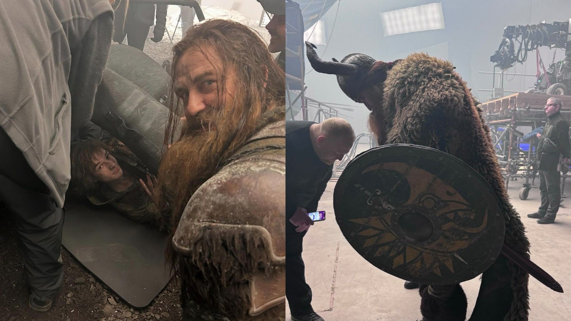 Gerard Butler in Viking attire on set, collage of two photos