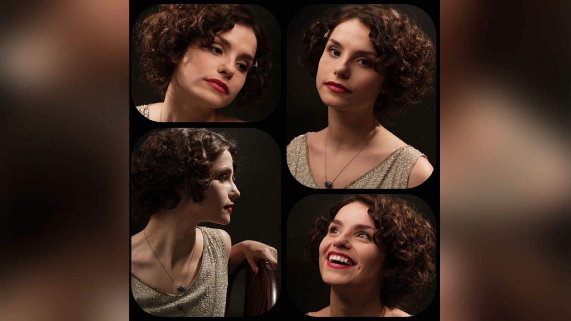 Collage of portraits of Charlotte Riley with curly hair and wearing a golden dress