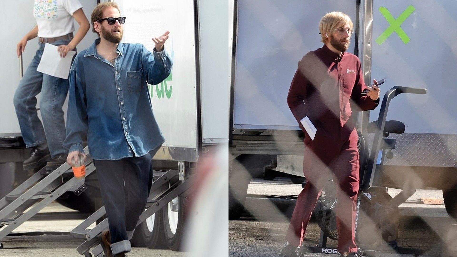 Jonah Hill on set, collage of two photos