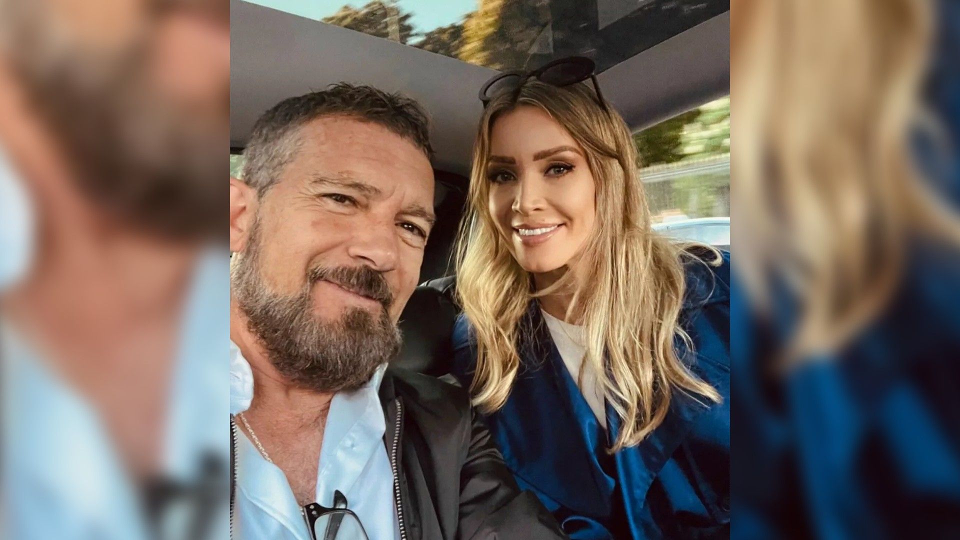 Antonio Banderas and Nicole Kempel taking a selfie together in the car