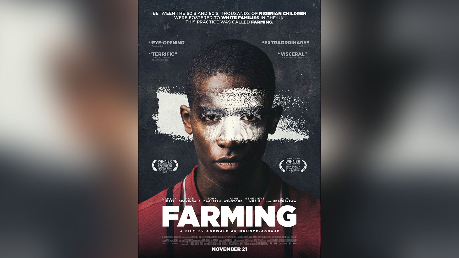 Poster for Farming featuring Damson Idris, whose face is painted with white paint