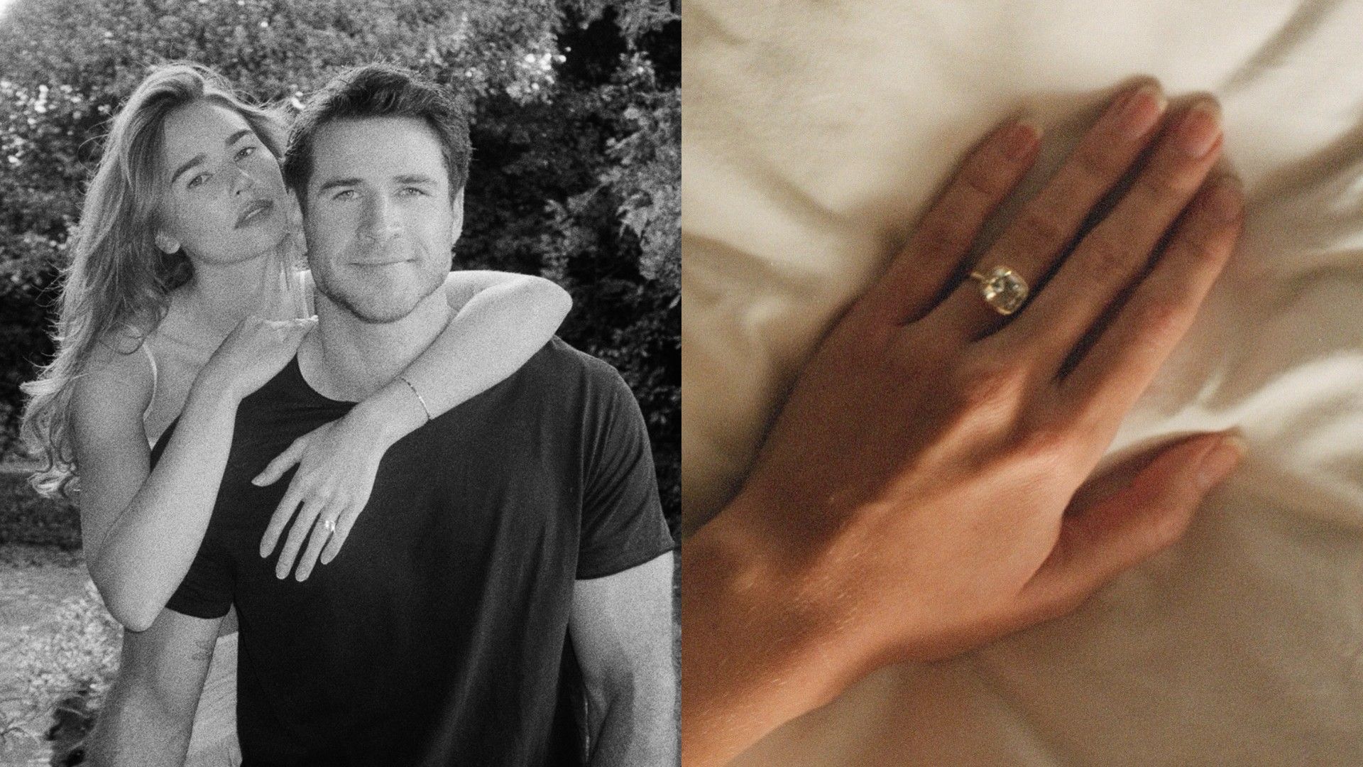 Liam Hemsworth and Gabriella Brooks embracing, with photo of engagement ring on the right