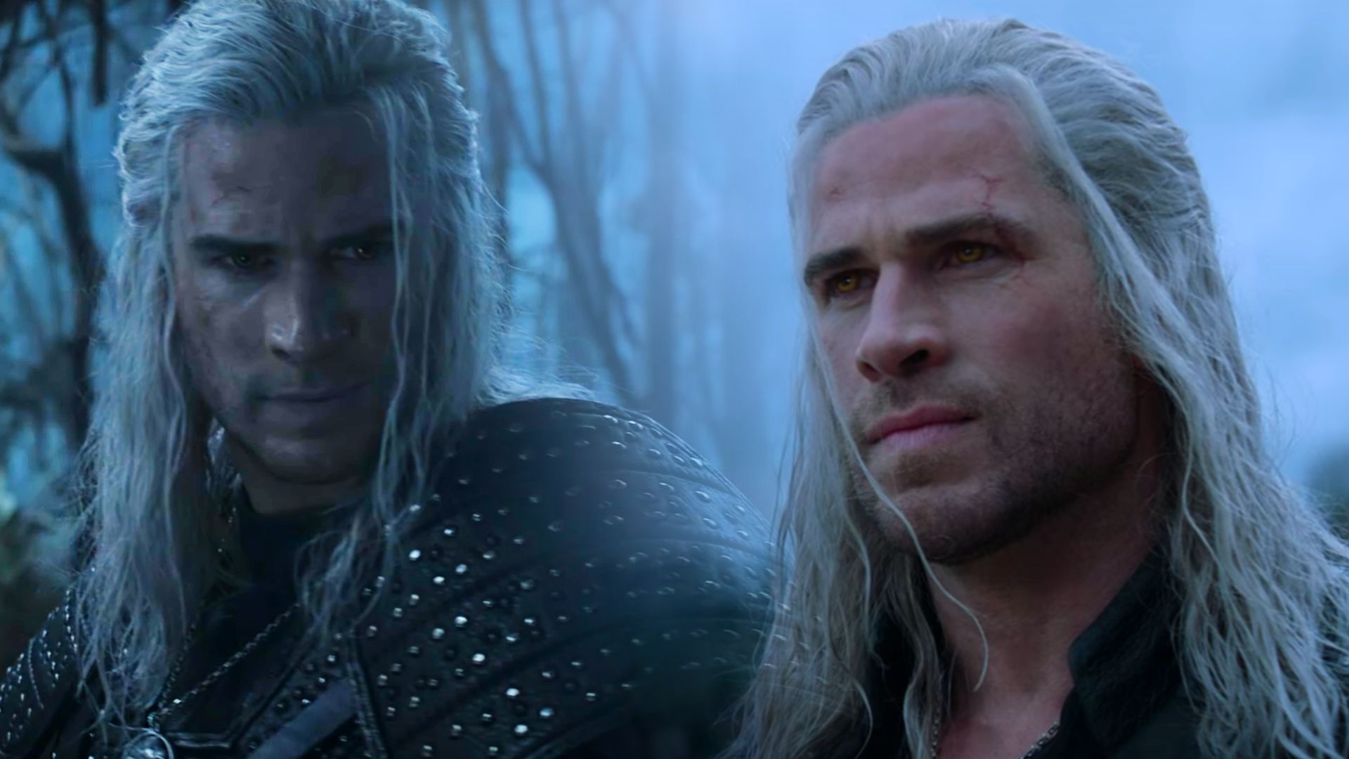 Actor Liam Hemsworth with long white hair in black chainmail