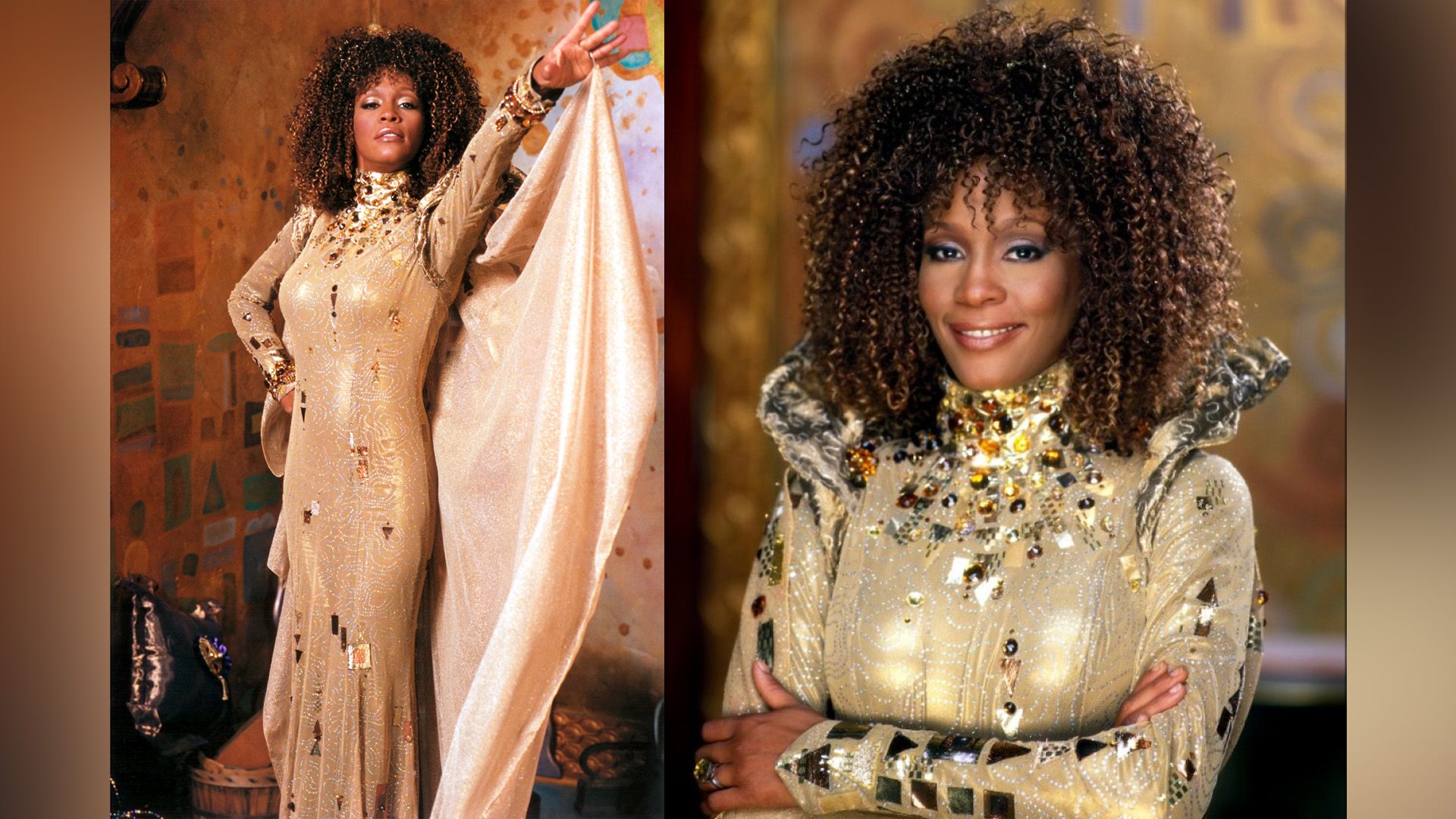 Collage: on the left, a slender dark-skinned woman with small curls in a long gold dress; on the right, a close-up of her