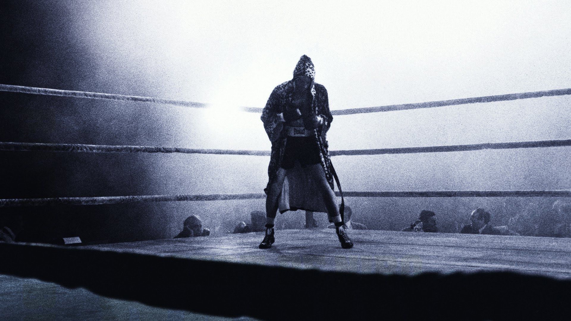 Boxing ring in the haze, silhouette of a fighter in a robe on the ring