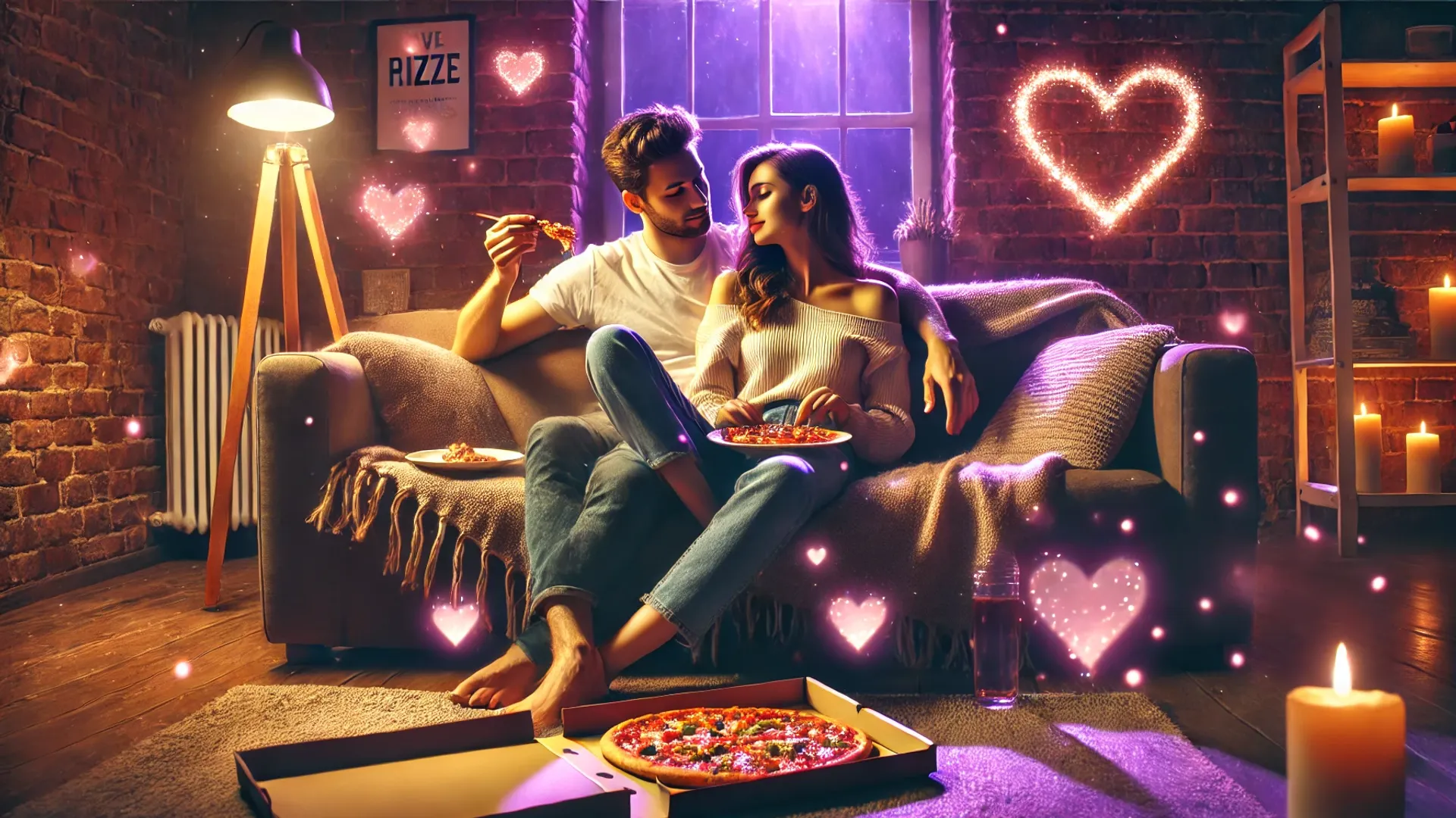 A couple in love is sitting on the couch and eating pizza, a romantic atmosphere with hearts