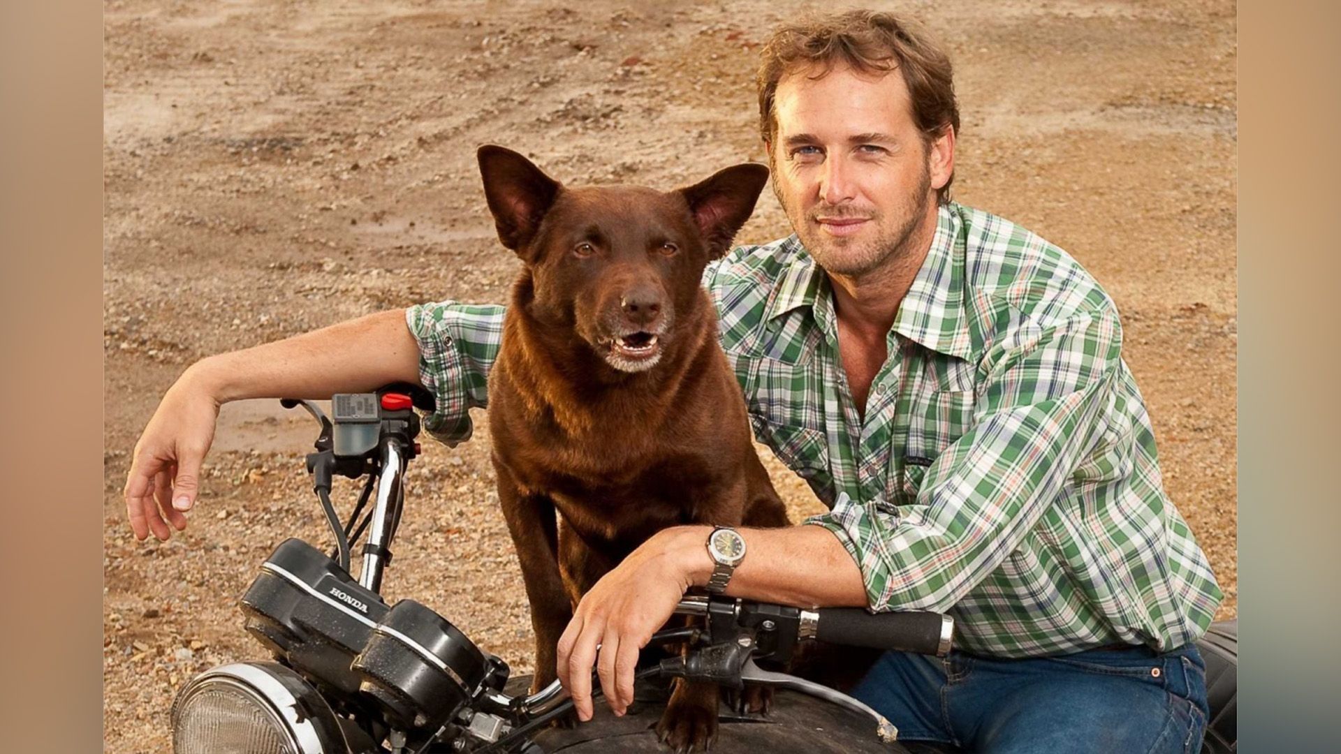 A young unshaven man in a checkered shirt sits on a motorcycle, with a ginger dog at the wheel in front of him