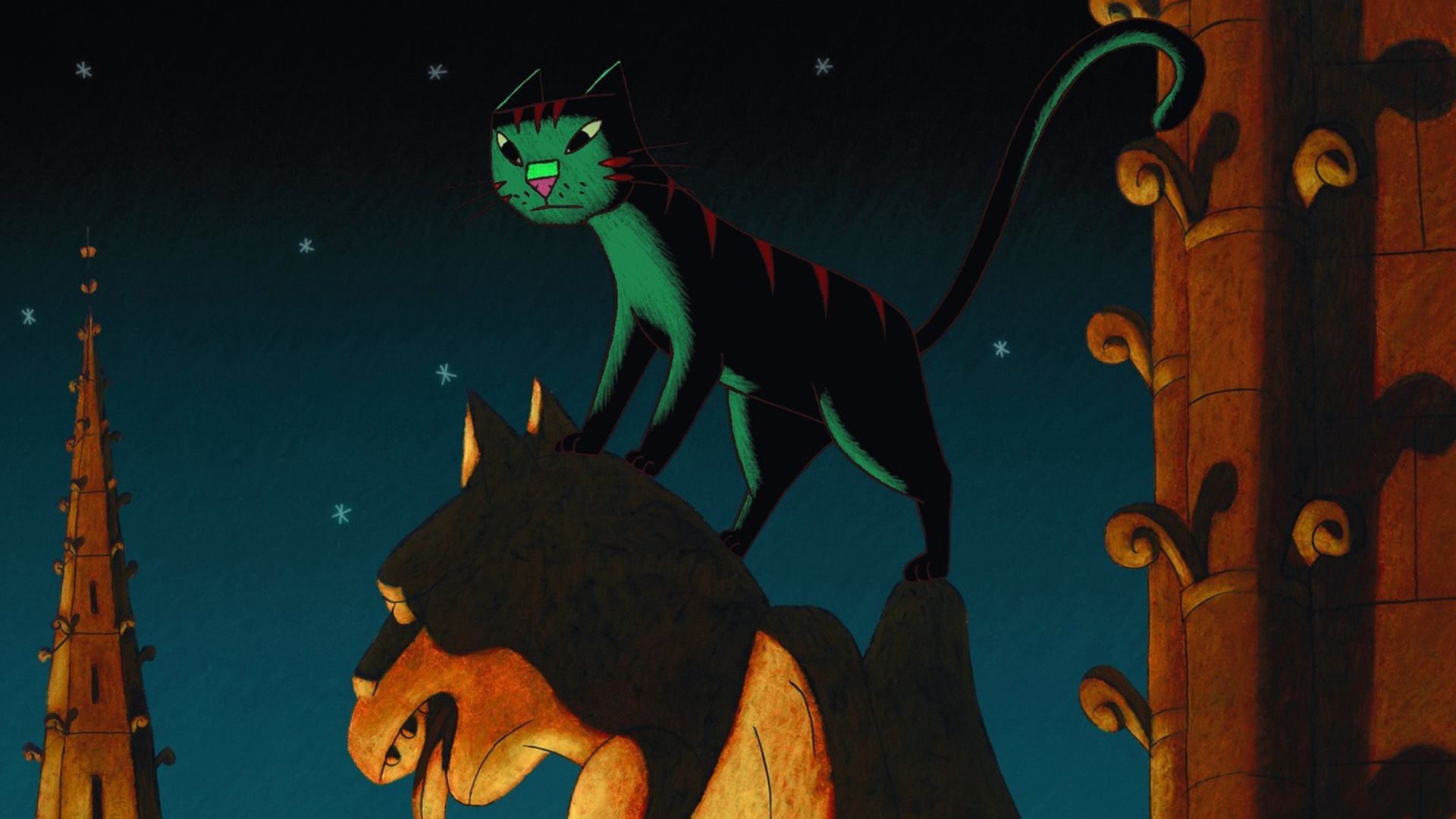 The cartoon cat stands on a gargoyle against the backdrop of the night sky