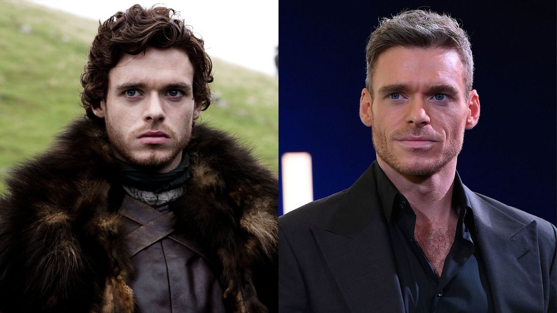 Collage: on the left, a dark-haired curly young man in medieval attire with a fur collar; on the right, a man with stubble and gray hair