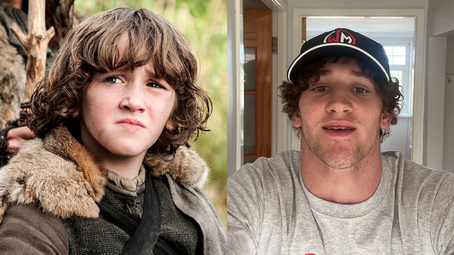 Collage: on the left, a small boy in medieval clothing; on the right, a curly young man in a cap