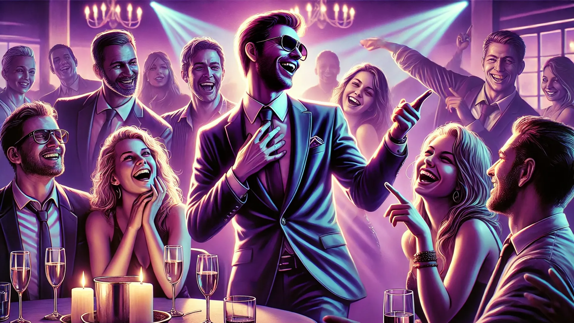 purple filter, realism, party, one person became the life of the party and entertains everyone, making people reach out to him