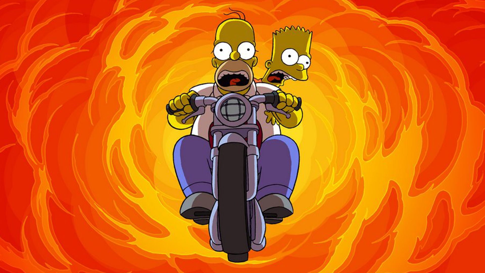 Scene from the animated film: two yellow people riding a motorcycle against a backdrop of flames