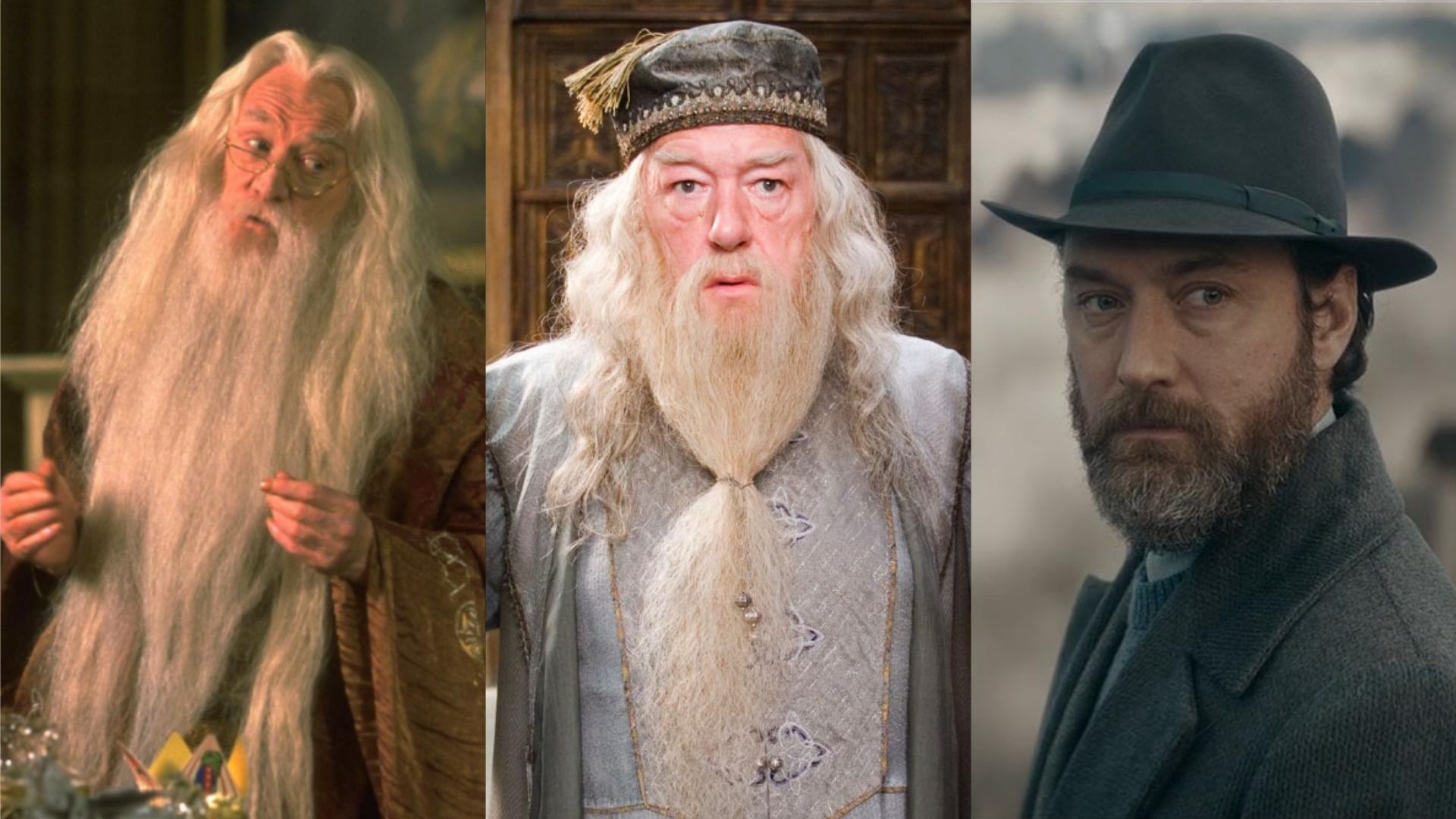 Three men in wizard costumes from the Harry Potter universe films