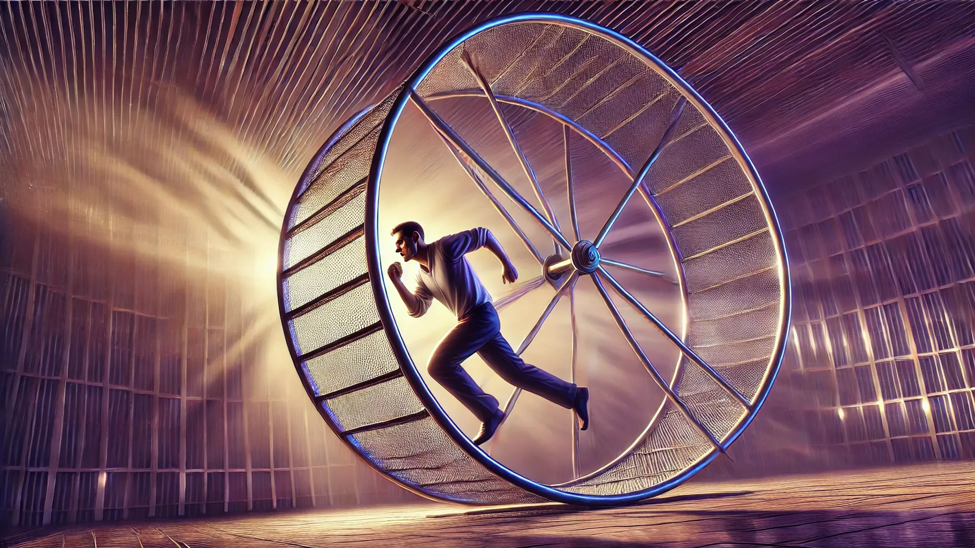 A person runs inside a giant wheel, symbolizing being stuck in an endless cycle