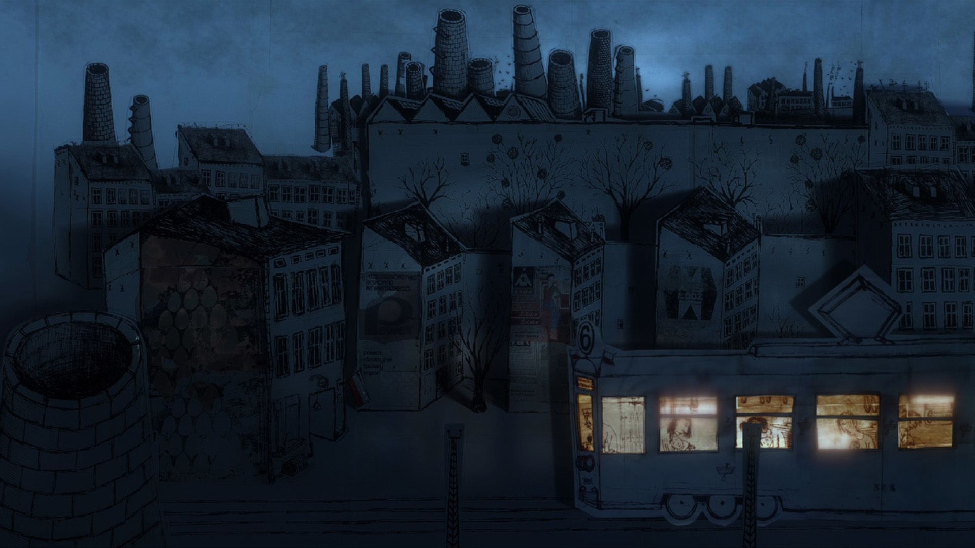 Frame from the cartoon "Kill It and Leave the City": a tram is traveling down a dark street