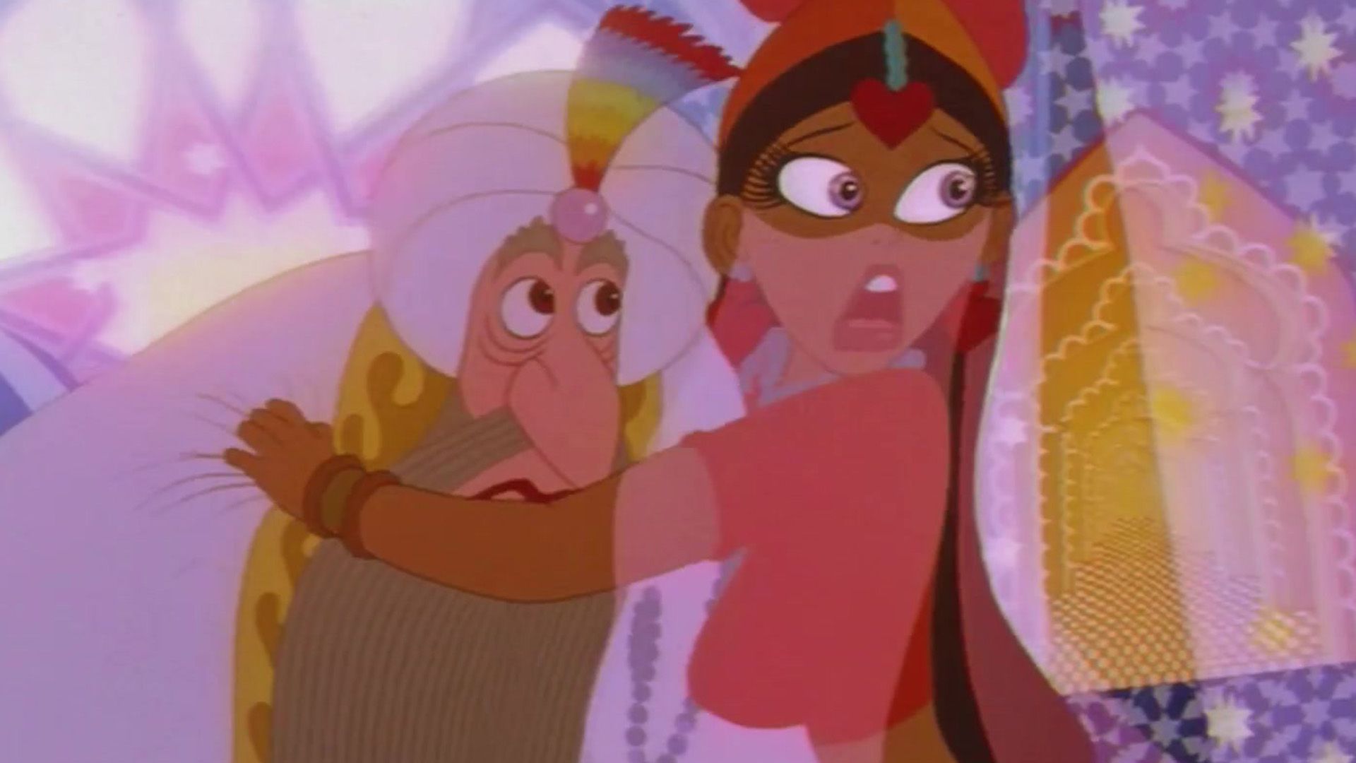 Frame from the animated film "The Thief and the Cobbler": Eastern princess and sultan