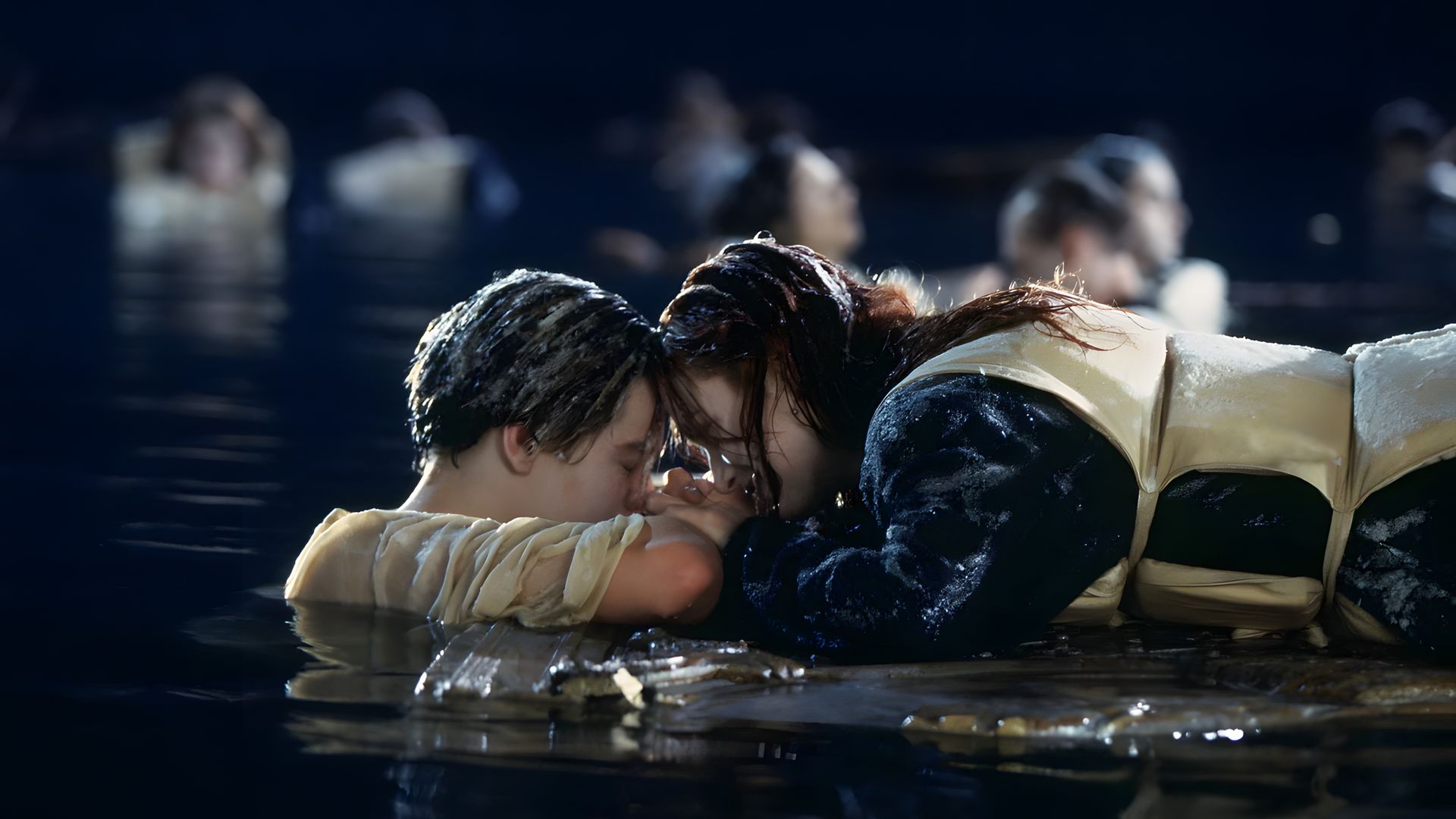 A frame from the finale of 'Titanic': heroine Kate Winslet embraces the floating hero Leonardo DiCaprio on a wooden door