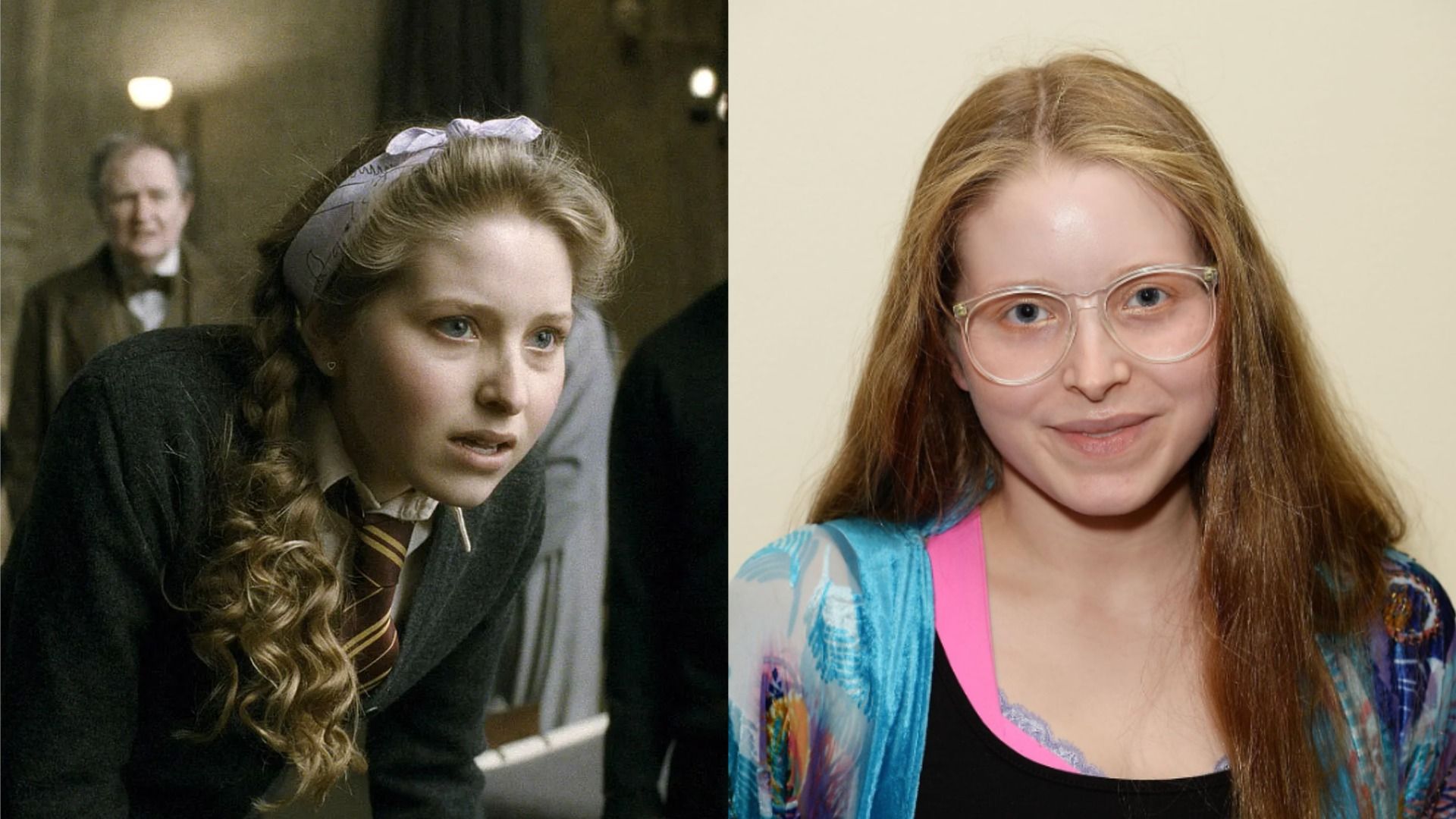 Actress Jessie Cave as Lavender Brown from the Harry Potter film, dressed in a school uniform