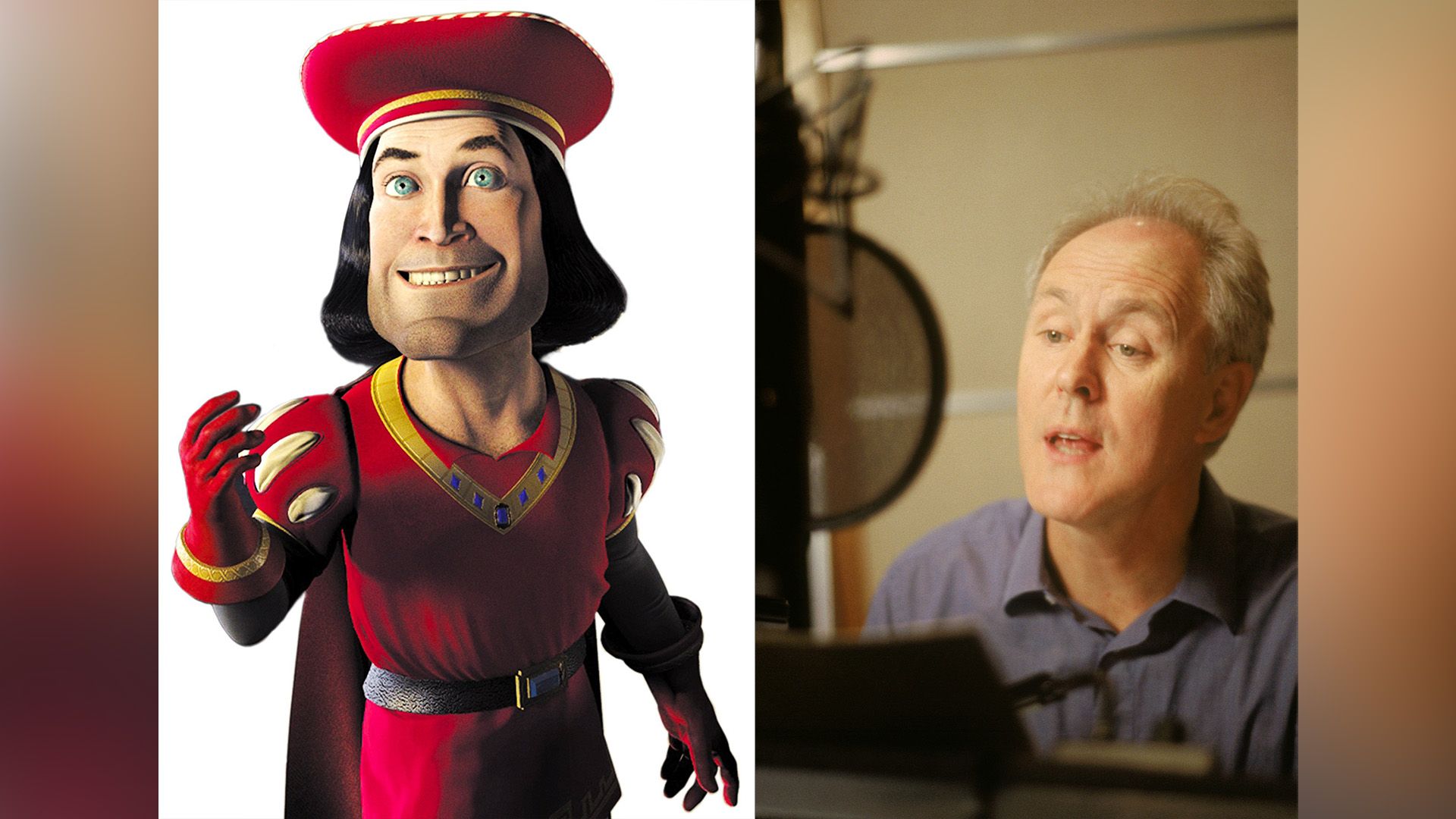 Collage: left shows character Lord Farquaad from animated film "Shrek"; right shows John Lithgow at the microphone
