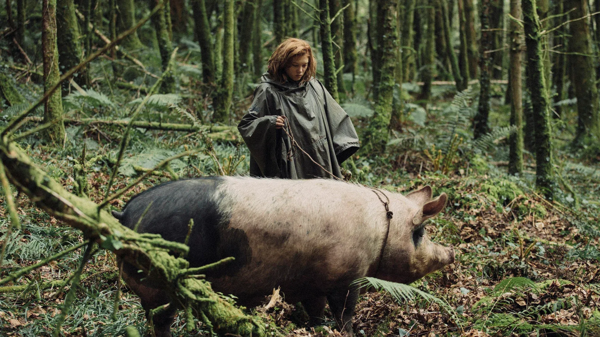 A girl in the forest leading a pig on a rope