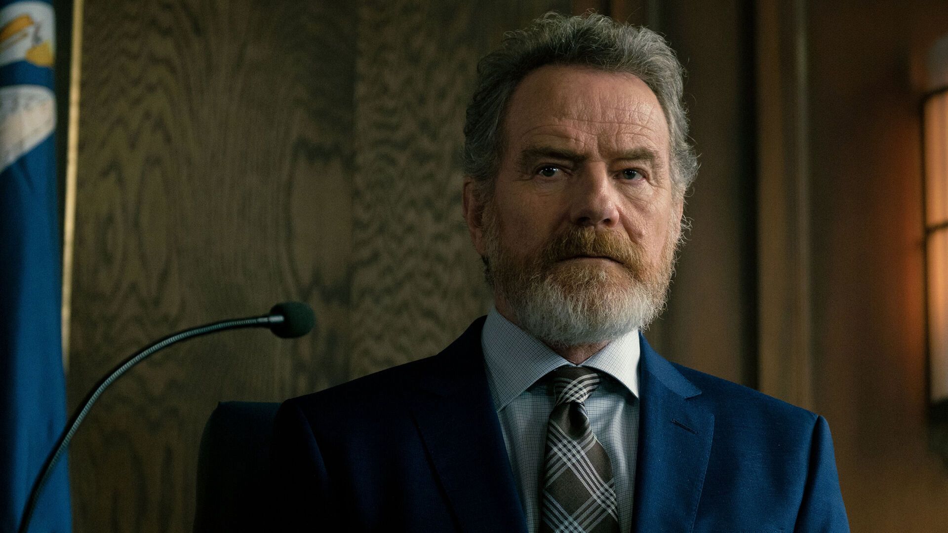 Bearded Bryan Cranston in a jacket in a scene from the series 'Your Honor'