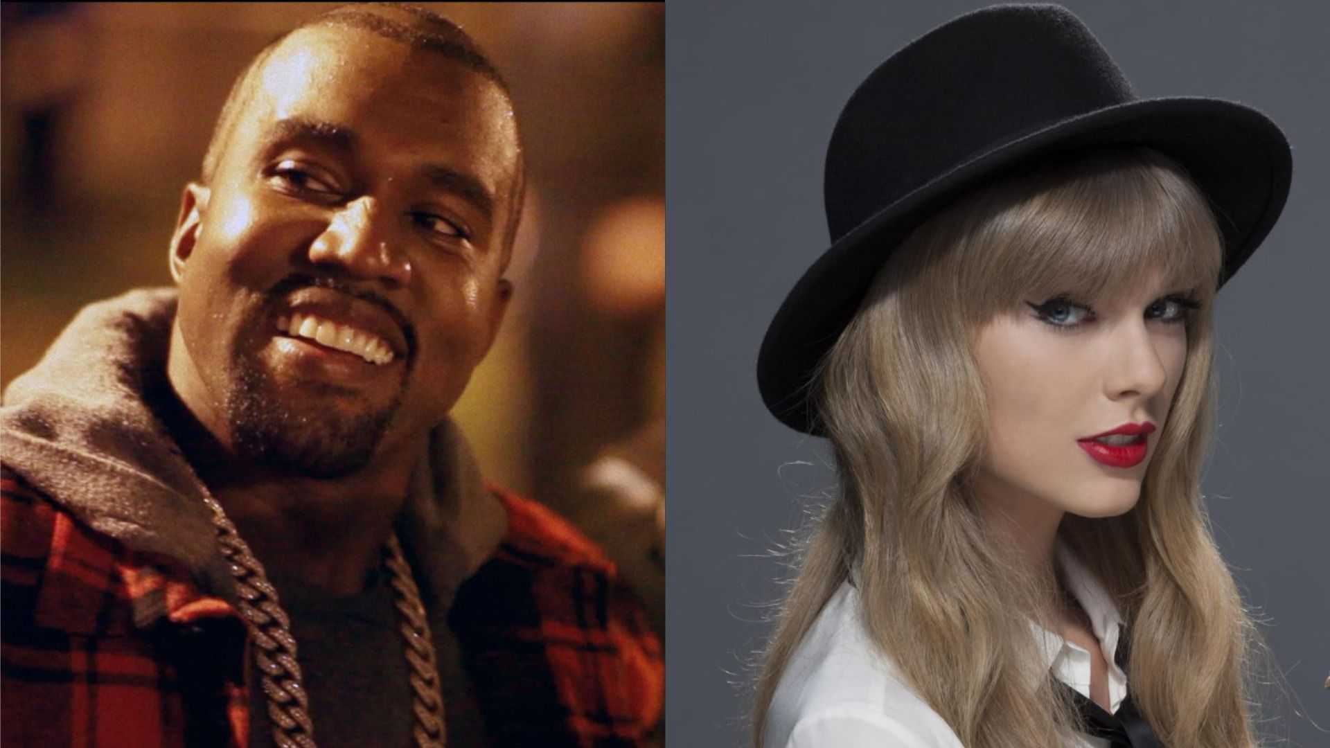Rapper Kanye West looks to the side and smiles in the orange light, while singer Taylor Swift poses in a hat against a gray background