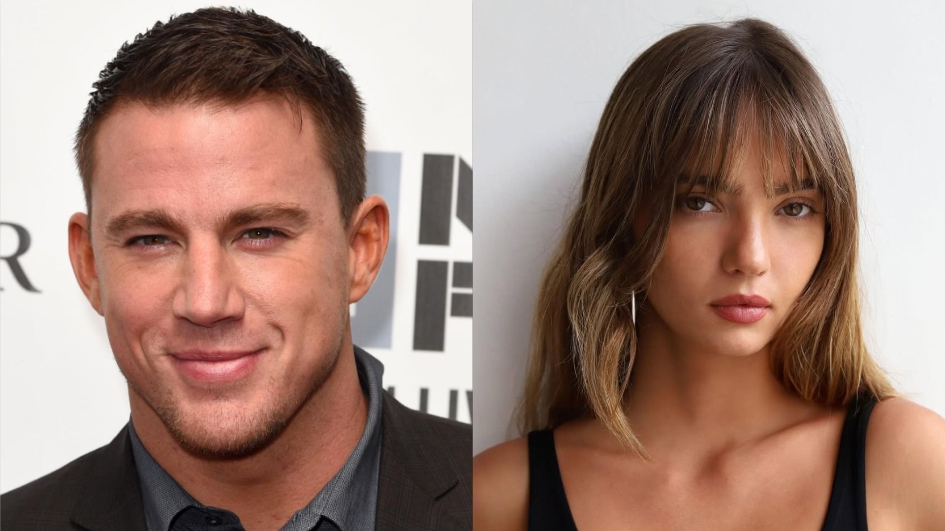 Actor Channing Tatum in a jacket smiles and looks at the camera against a pink background, model Inka Williams in a black top poses against a white wall