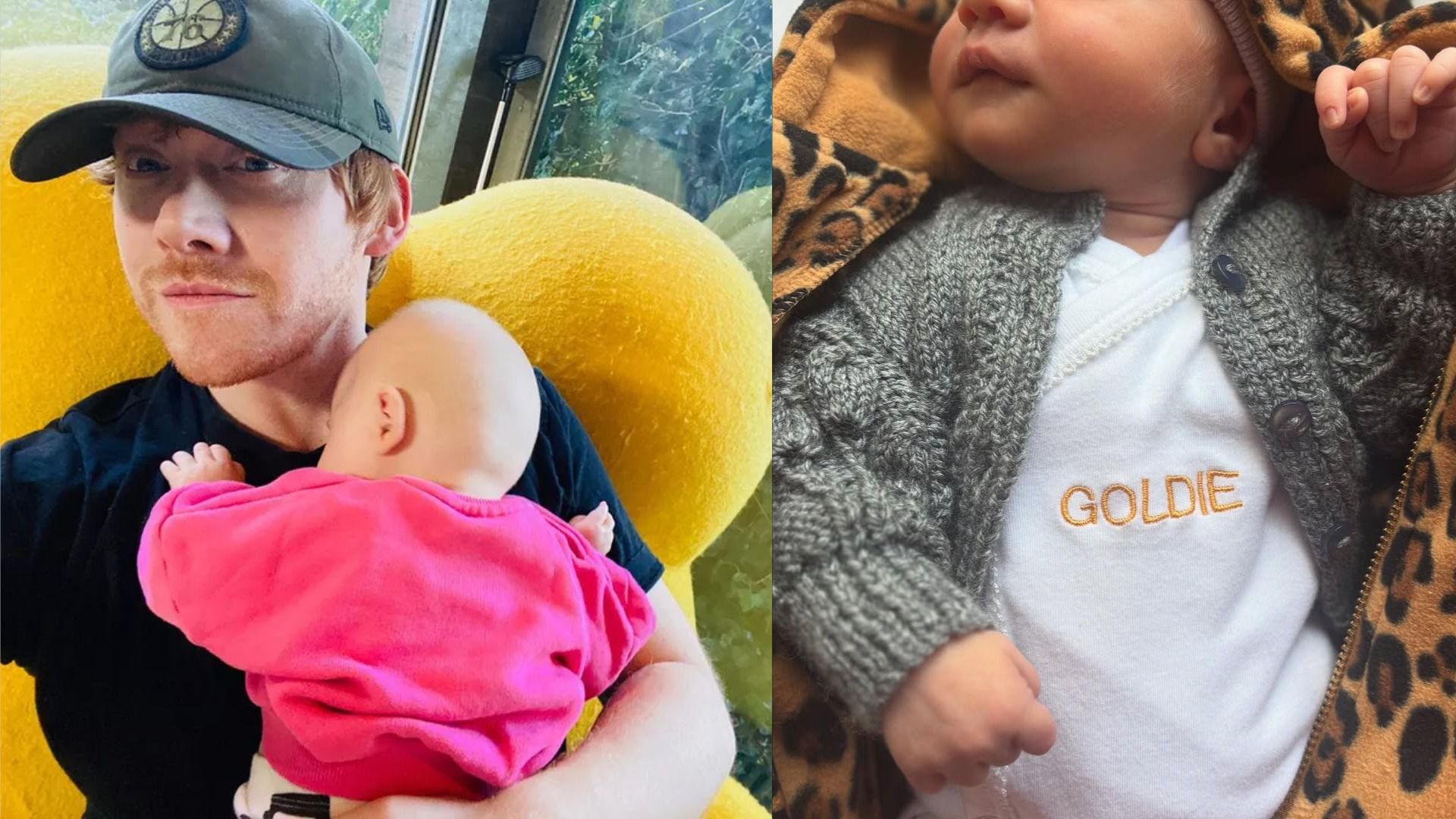 On the left, actor Rupert Grint in a cap is holding his daughter Wednesday while sitting in a yellow armchair, on the right - daughter Goldie in a cardigan and bodysuit