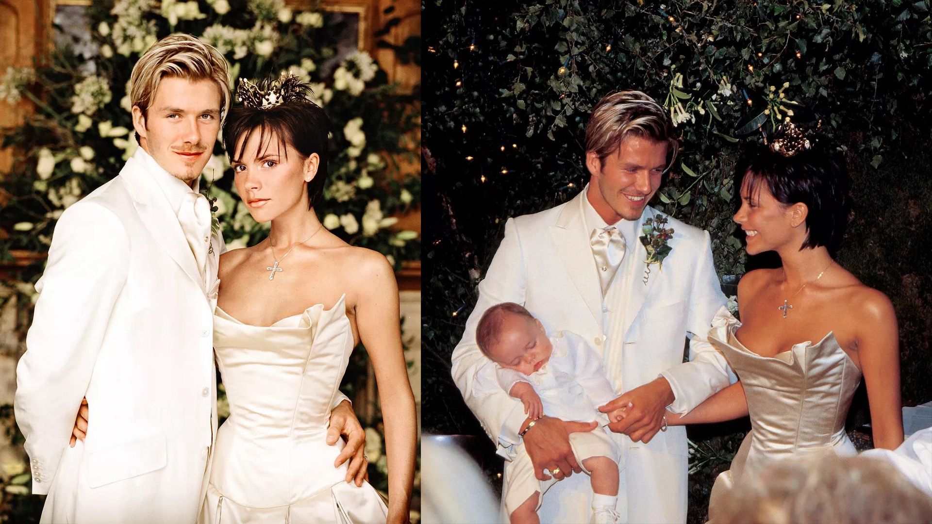 Collage: on the left, David Beckham and Victoria Adams pose in wedding attire; on the right, they are holding baby Brooklyn