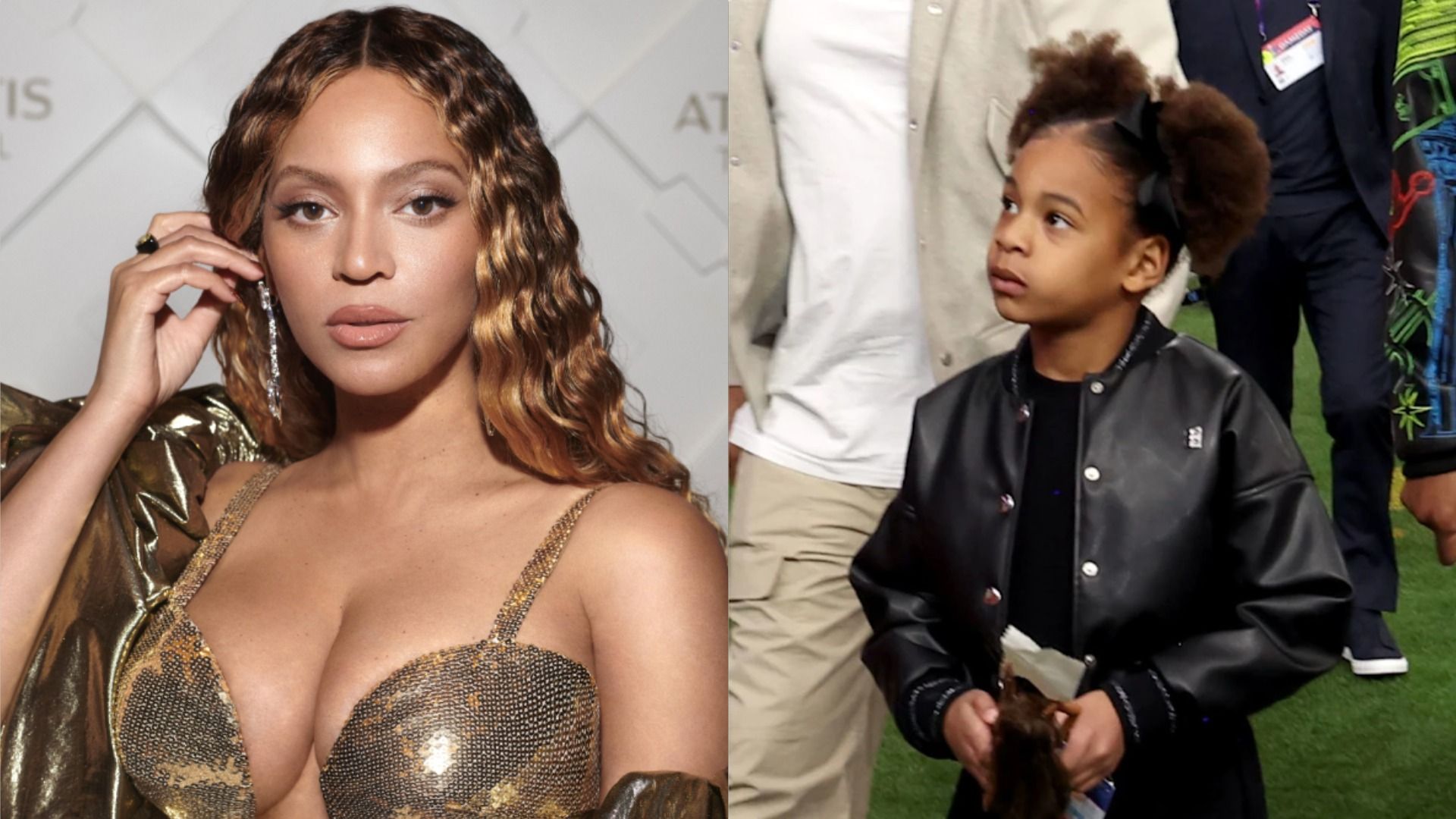 Singer Beyoncé in a golden dress looks at the camera against a white background and her daughter Rumi Carter in a leather jacket looks away against a backdrop of people