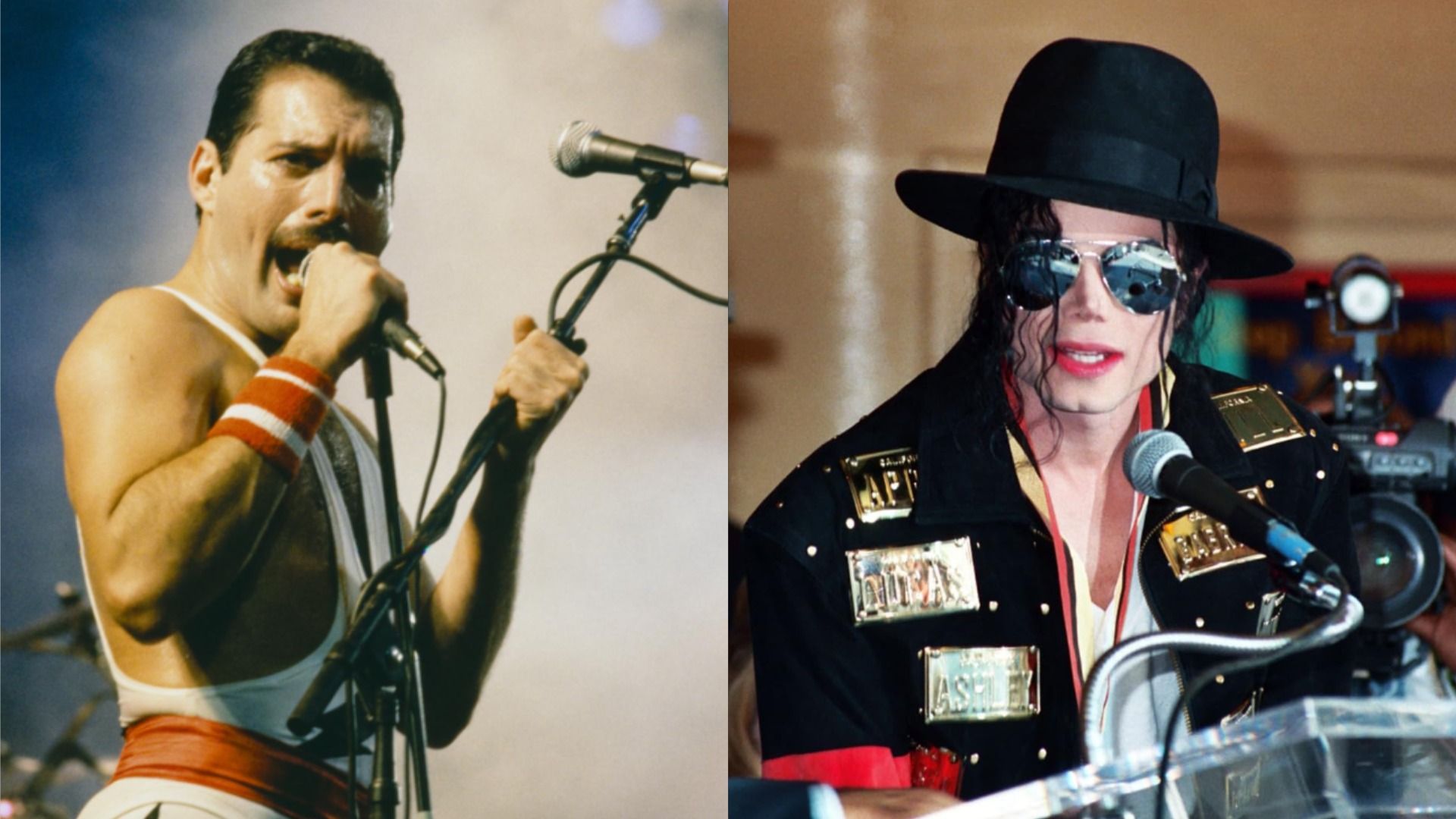 Singer Freddie Mercury holds two microphones and sings against a white-blue background, singer Michael Jackson in glasses and a hat speaks into a microphone