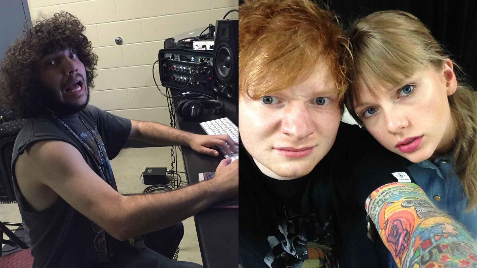 Producer Benny Blanco sits at the table with his mouth open and looks at the camera, singers Ed Sheeran and Taylor Swift take a selfie looking at the camera