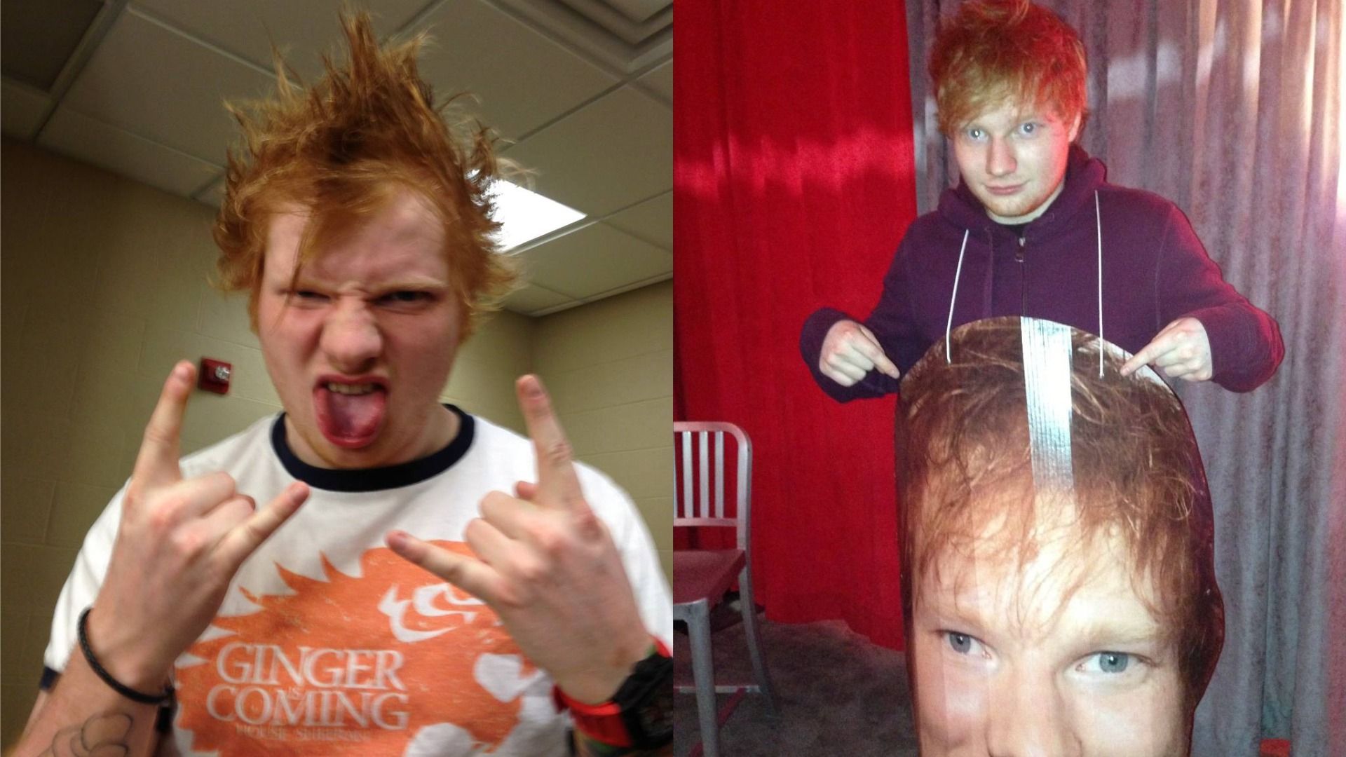 Singer Ed Sheeran with a mohawk shows a gesture with his index finger and pinky