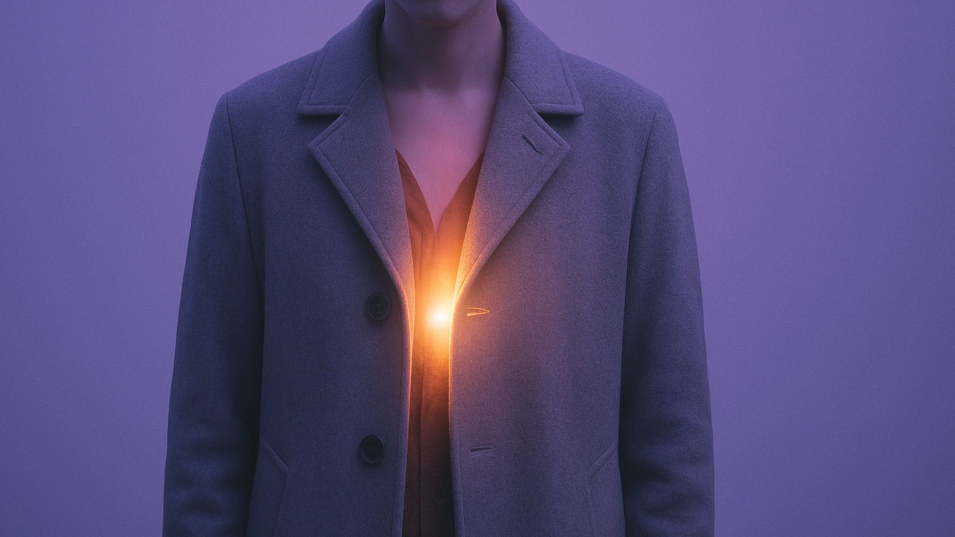 A person wrapped in a gray coat, he looks unremarkable, but one button on his chest is undone, and bright light bursts forth from the coat at this spot