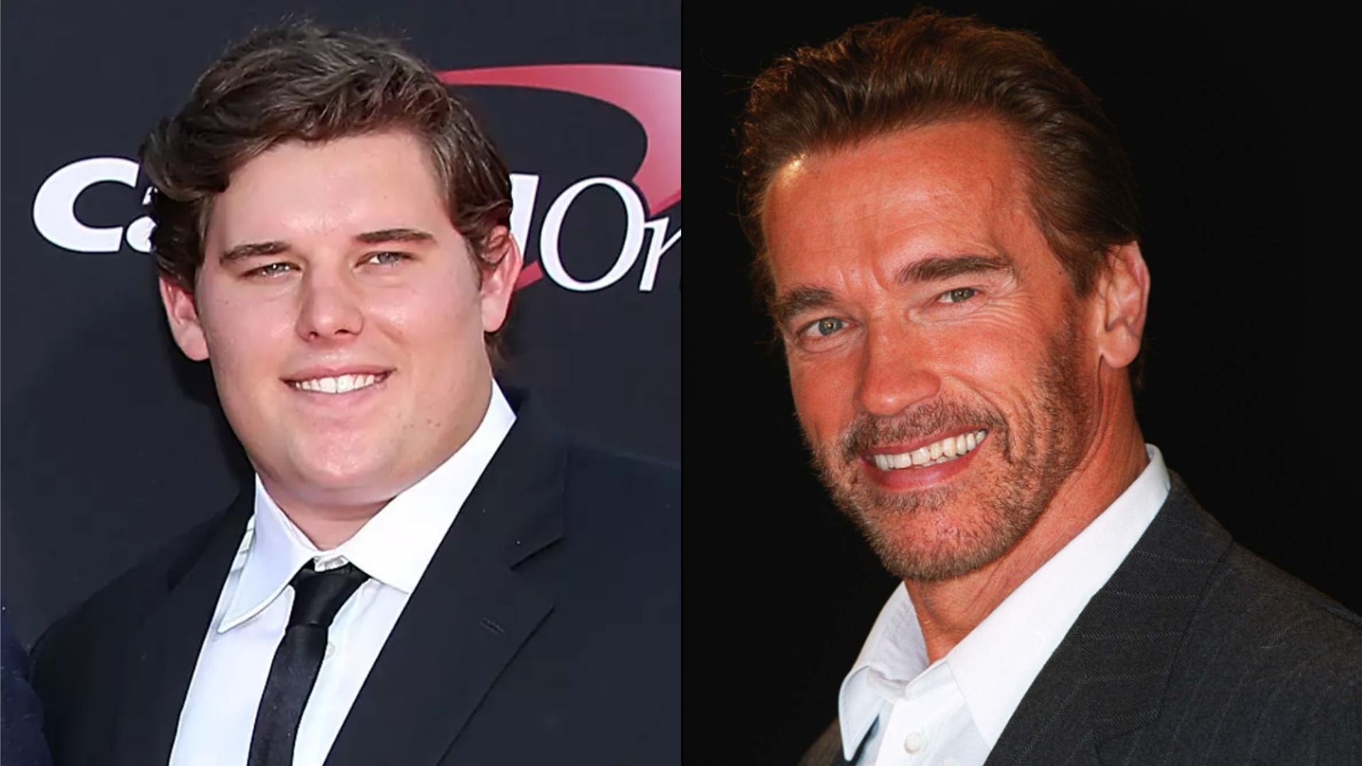 Arnold Schwarzenegger and his son Christopher in black jackets are smiling and looking at the camera