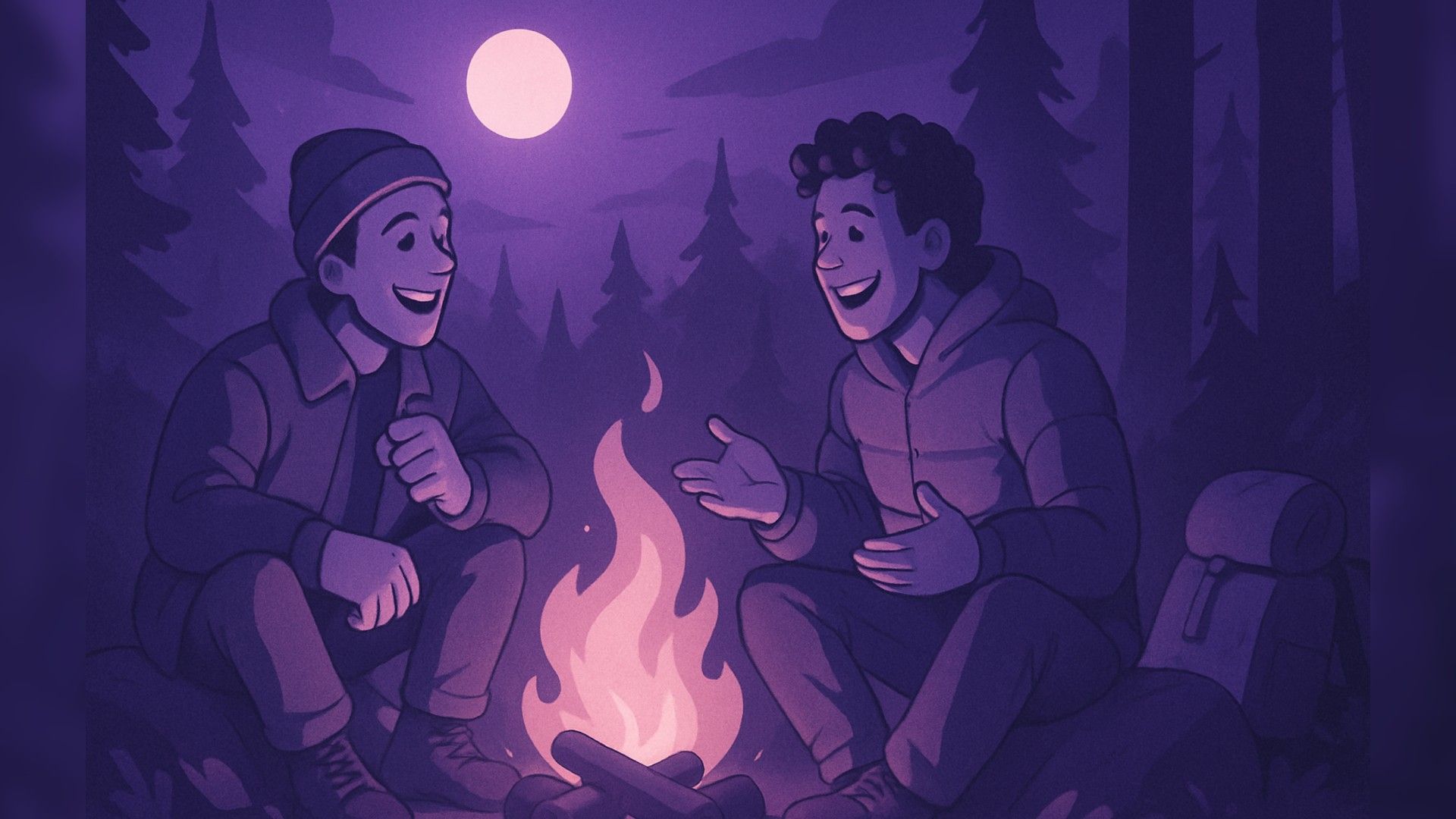 Two friends on a hike in the forest — sitting by the campfire, discussing something, a bright moon is shining