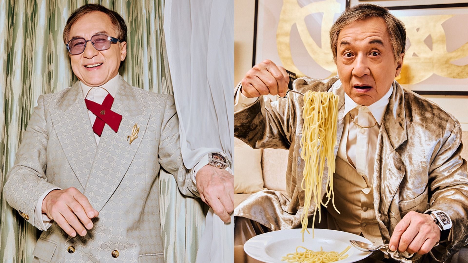 Actor Jackie Chan in a velvet jacket looks surprised at the camera, bringing a fork with spaghetti to his mouth