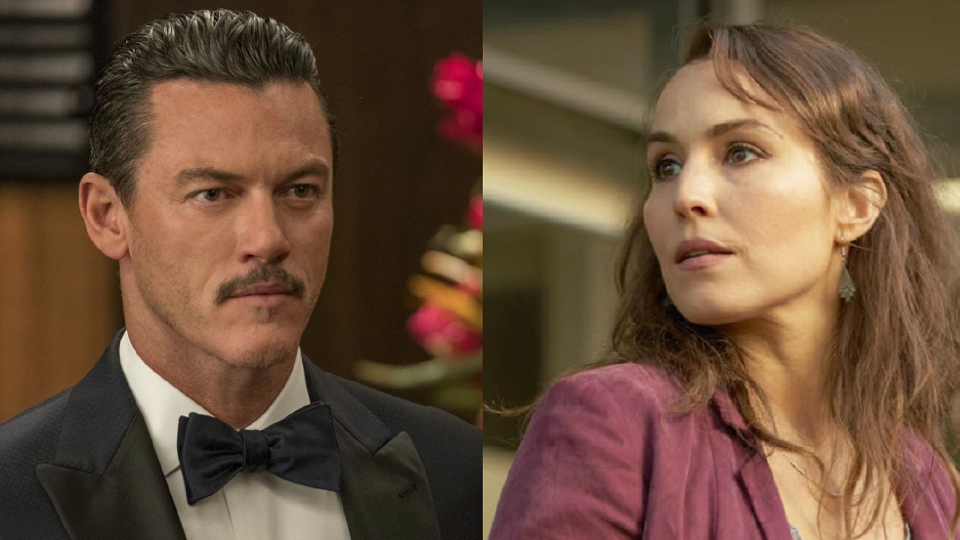 Luke Evans and Noomi Rapace from different movies looking at each other