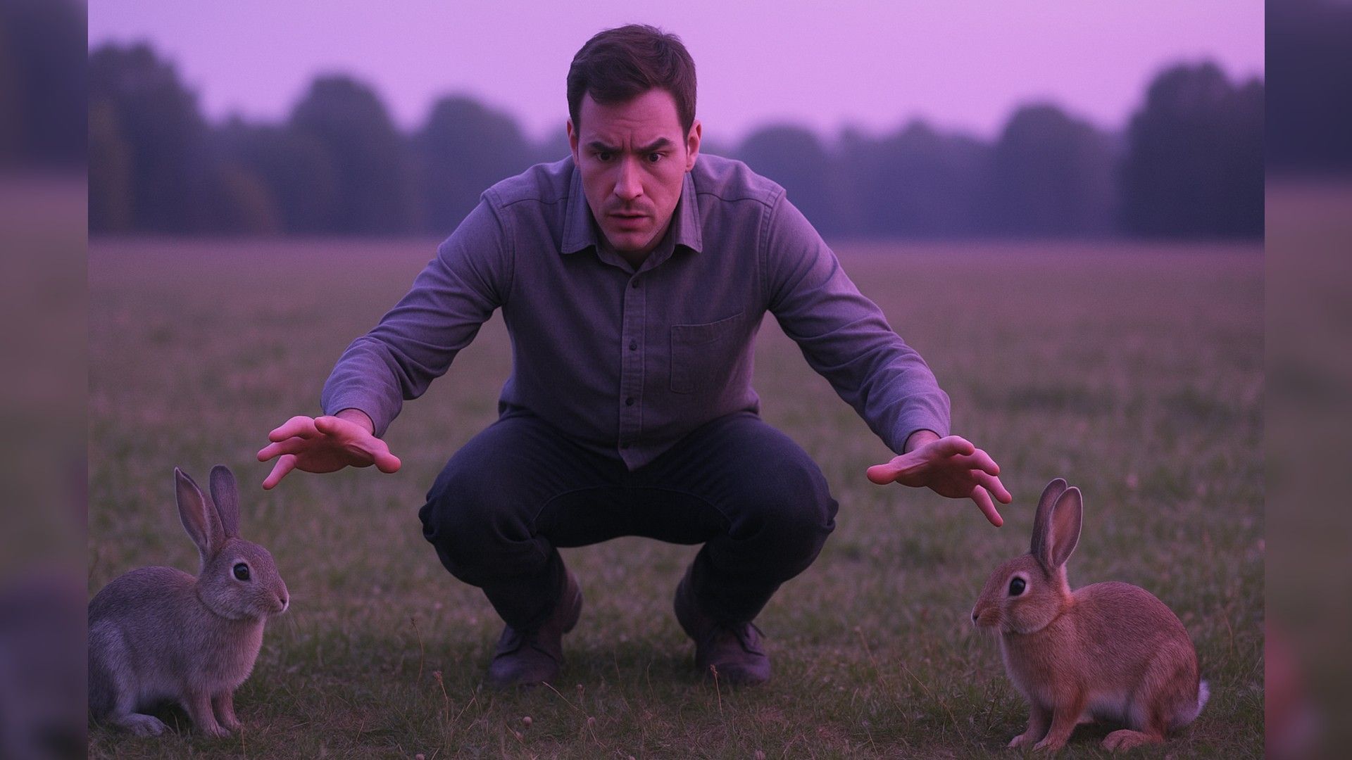 Two rabbits in a field – a person stands in the middle, reaching for both but can't decide which one to catch.