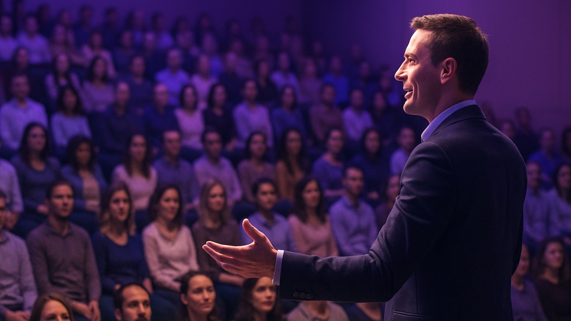 A person stands before a large audience, confidently and gracefully delivering a speech, each listener captivated by his words