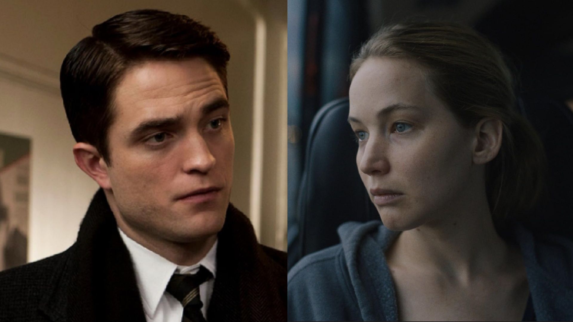 The characters of Robert Pattinson and Jennifer Lawrence from different movies are looking at each other