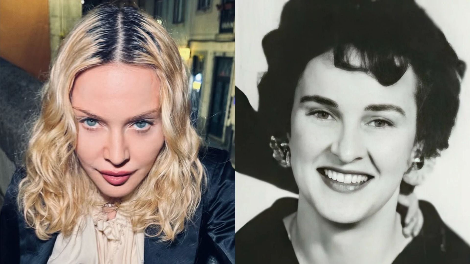 The singer Madonna in a black jacket looks at the camera with a half-smile against the backdrop of a building, Madonna's mother with black hair and in black clothing smiles at the camera against a white background