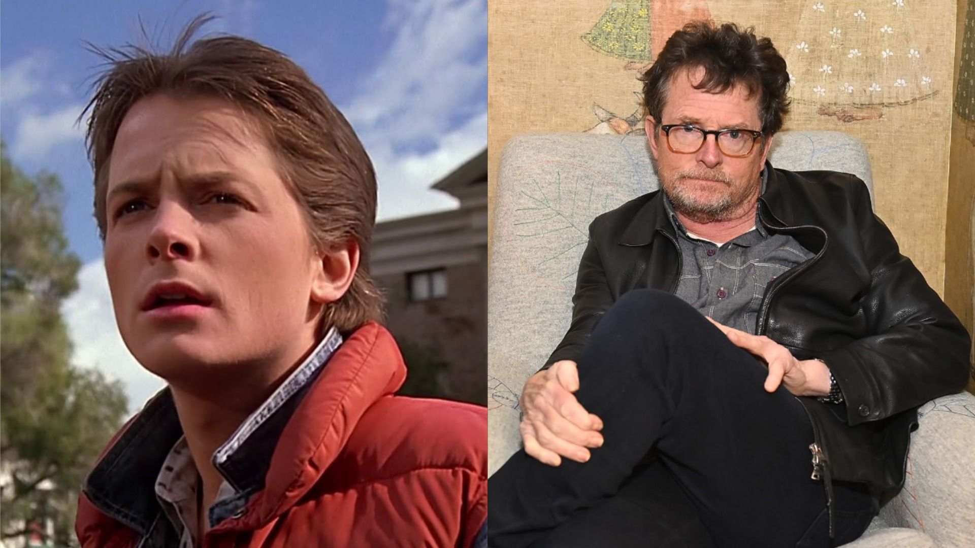 Actor Michael J. Fox on the set of 'Back to the Future' in a puffy red vest looks to the side, the actor in a leather jacket and glasses sits in a chair in 2023