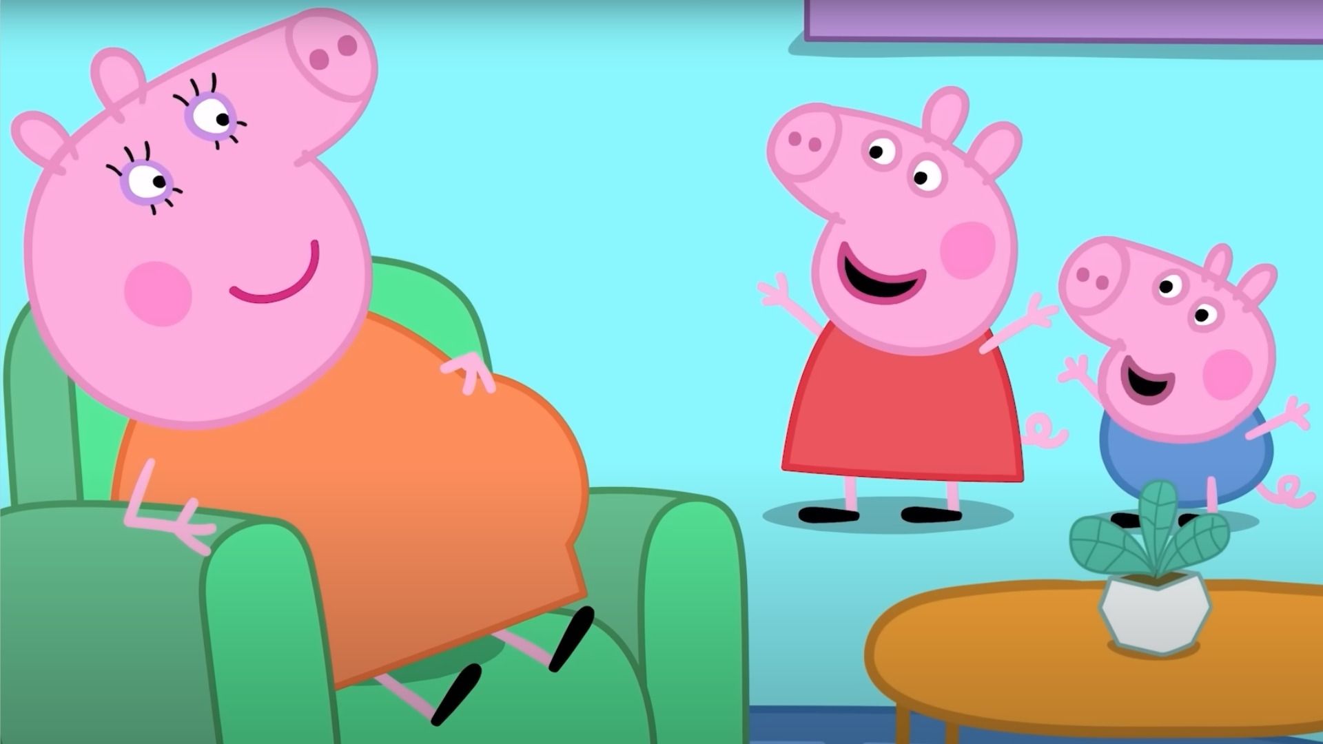 Mama Pig is holding her belly and sitting in a chair, Peppa Pig and her brother George have raised their hands and are smiling