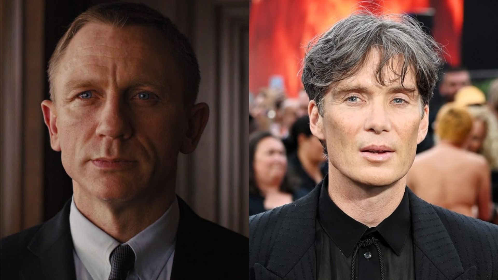 Actor Daniel Craig in a jacket, white shirt, and tie looks at the camera, actor Cillian Murphy in a jacket smiles against a background of blurred people