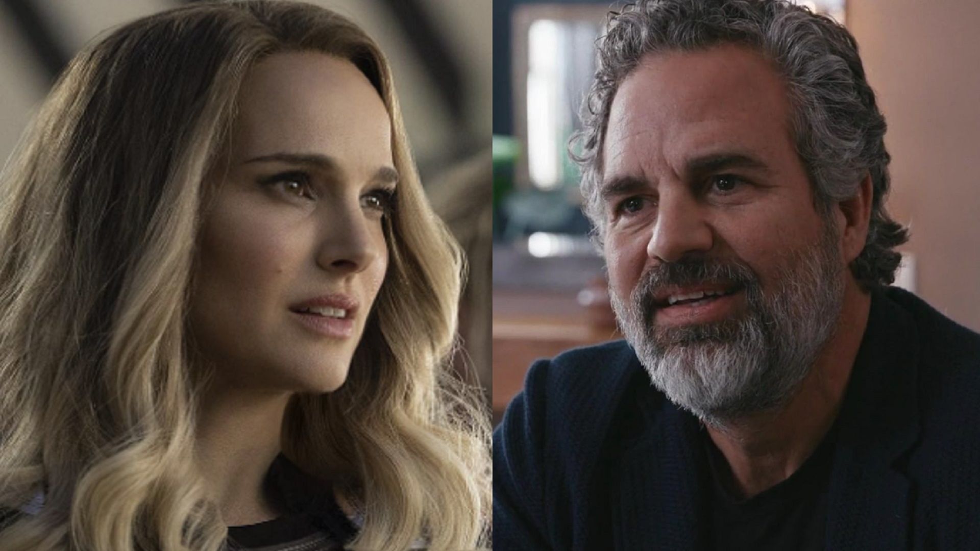 The characters of Natalie Portman and Mark Ruffalo from different movies are looking at each other