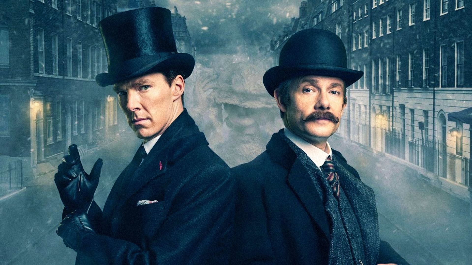 Actor Benedict Cumberbatch as Sherlock Holmes with a bowler hat on his head adjusts his gloves and looks at the camera